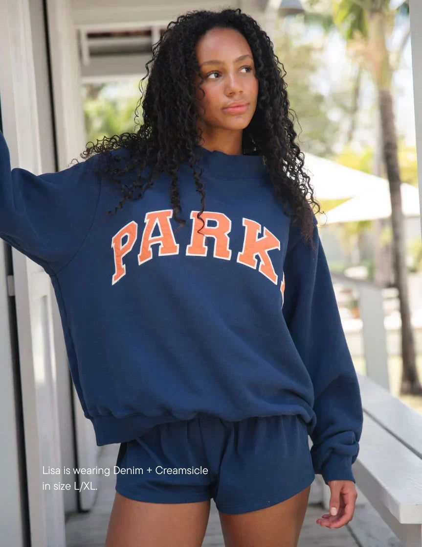 Parke | Varsity Oversized Sweatshirt Denim Blue with Orange Letters